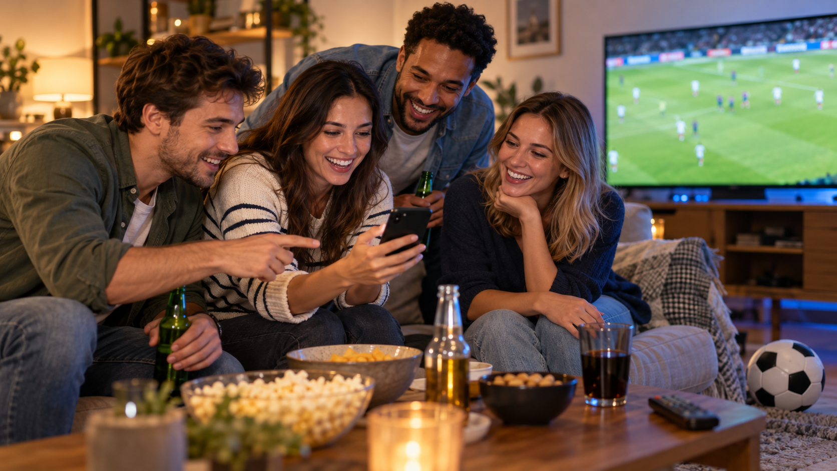 Quatre amis comparent leurs pronostics sur un téléphone devant un match de football.