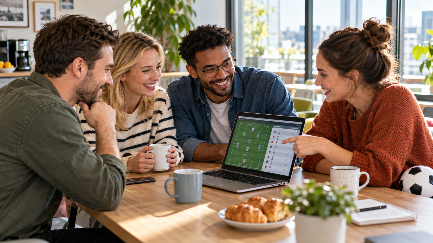 Quatre collègues discutent de leurs pronostics de football autour d’un ordinateur pendant une pause café.